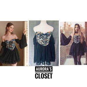 SHEIN MOD S Butterfly Print Off Shoulder Flounce Sleeve Lace Up Dress Pirate Ren